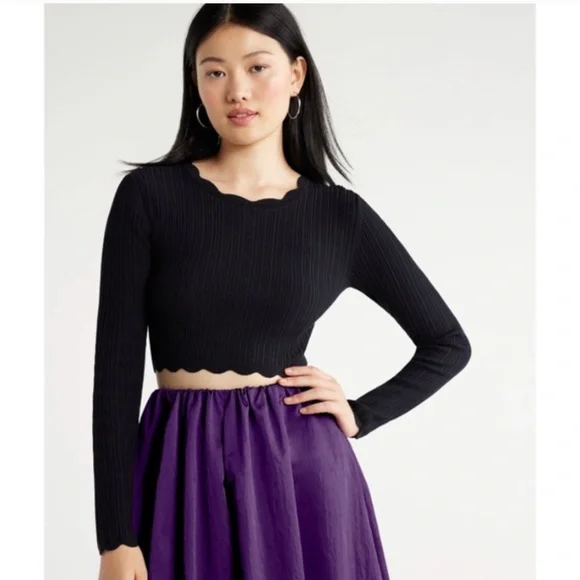 Scoop NYC Women’s Black Cropped Scalloped Top Size Large NWT - Picture 7 of 10